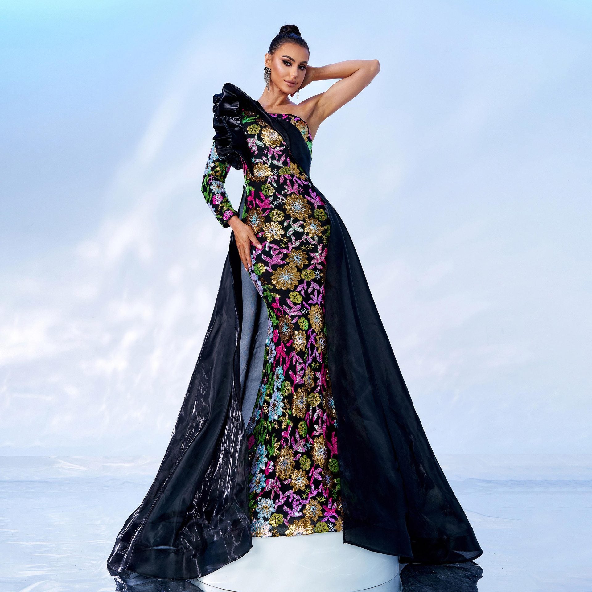 one-shoulder floral embroidery maxi dress in black