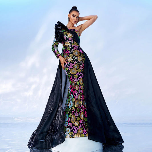 one-shoulder floral embroidery maxi dress in black