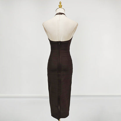 chocolate halter bodycon midi bandage dress