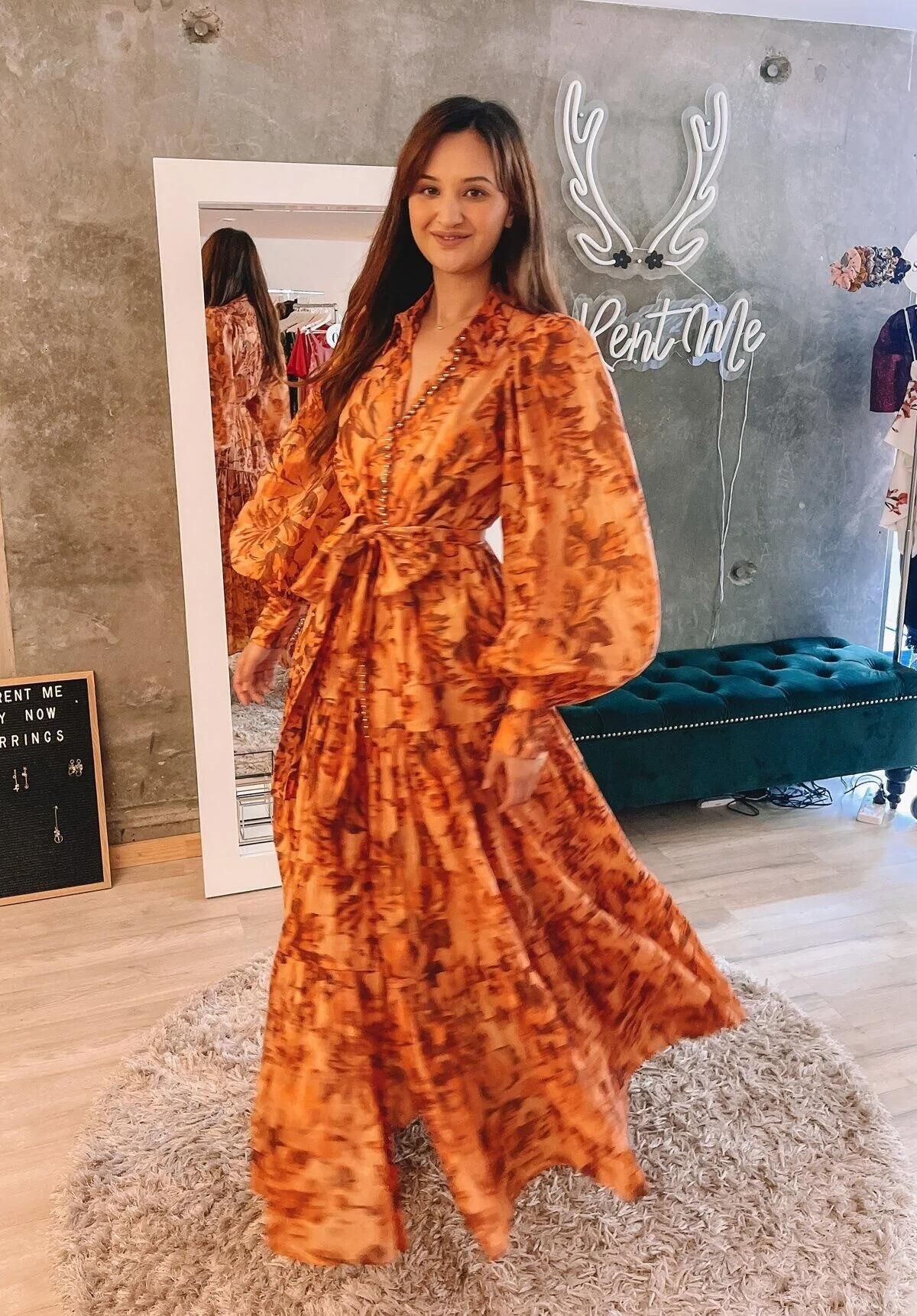 kelly Printed Balloon Sleeve Maxi Dress in brown