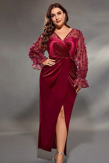 v neck floral appliqué sleeve velvet maxi dress in red
