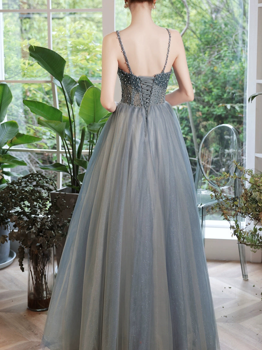 viven pearl embellished tulle maxi dress in blue