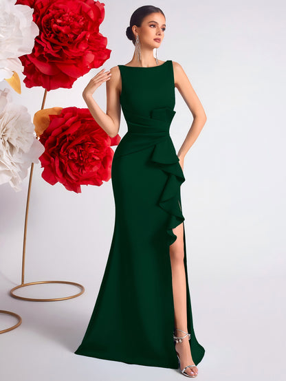 high slit Pleated evening maxi dress