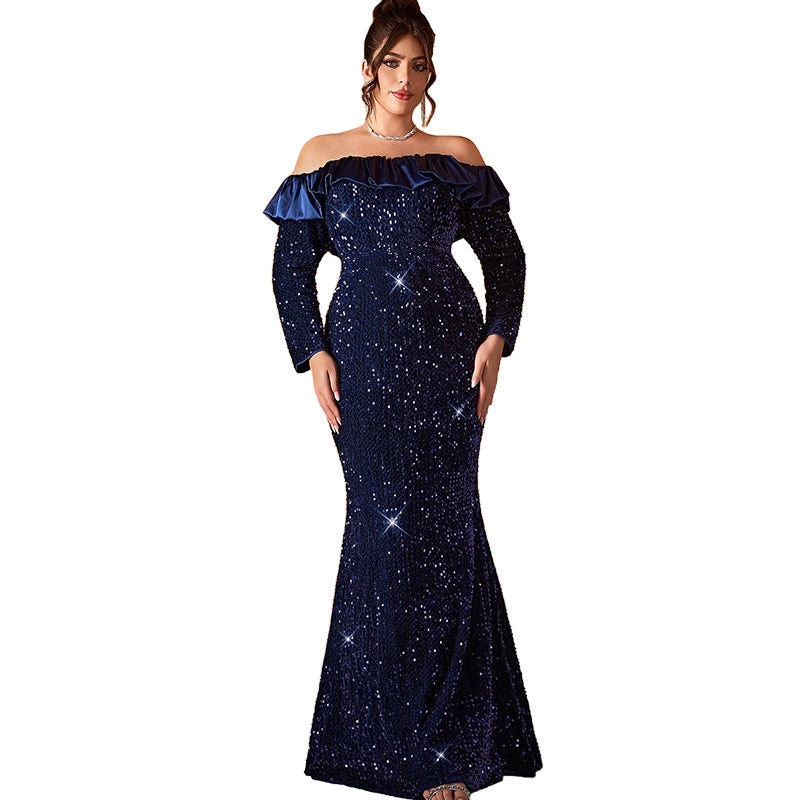 off shoulder  ruched sequin maxi dress in dark blue