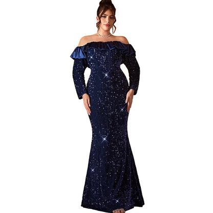 off shoulder  ruched sequin maxi dress in dark blue