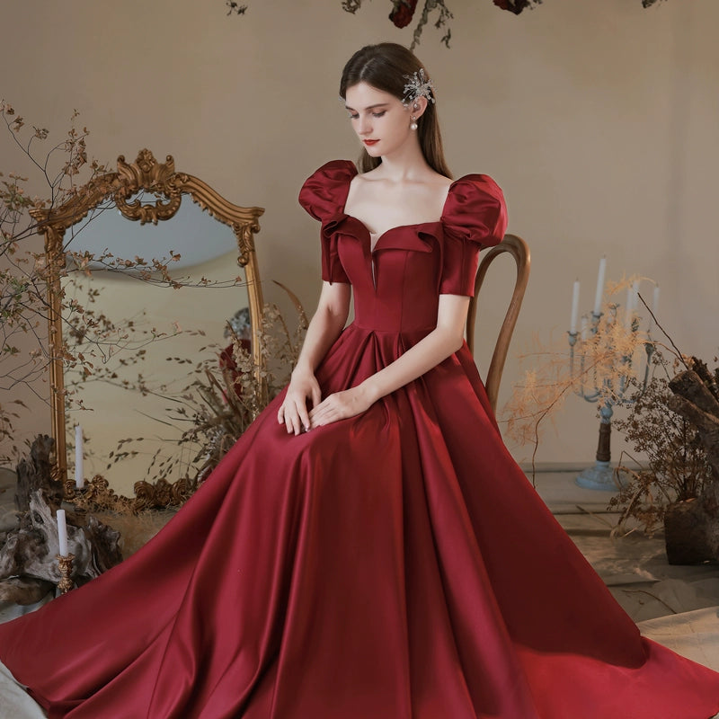 v-neck puff sleeve satin maxi dress in claret