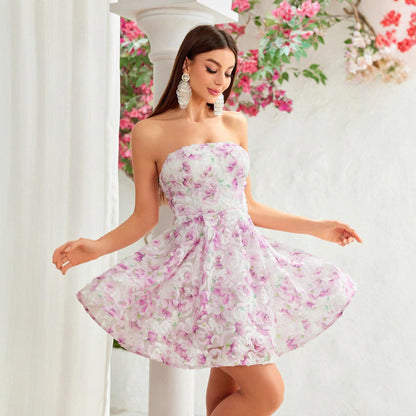 floral print strapless mini dress in pale pink