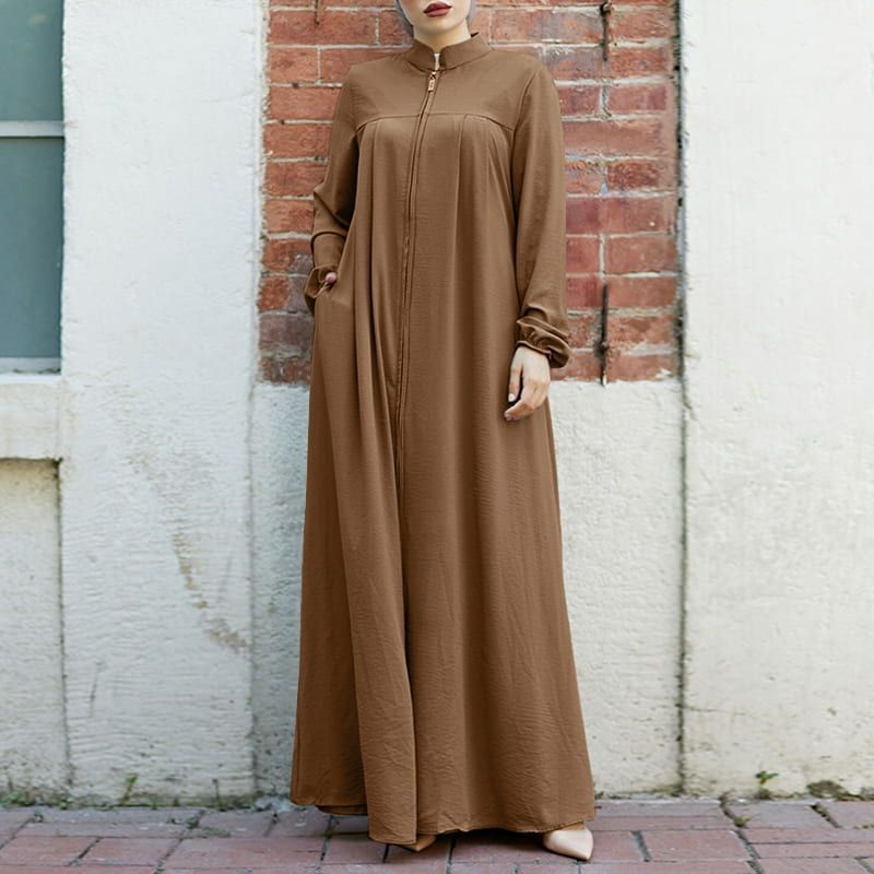 Muslim Style Arabic Style Stand-up Collar Zipper Pockets Abaya Casual Dresses