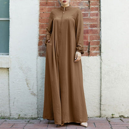 Muslim Style Arabic Style Stand-up Collar Zipper Pockets Abaya Casual Dresses