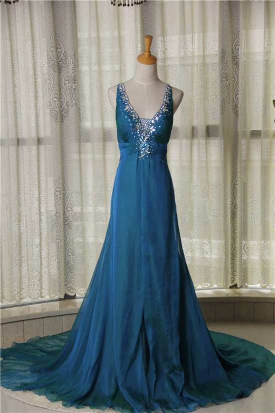 Peacock blue glass diamond shoulder chiffon maxi dress