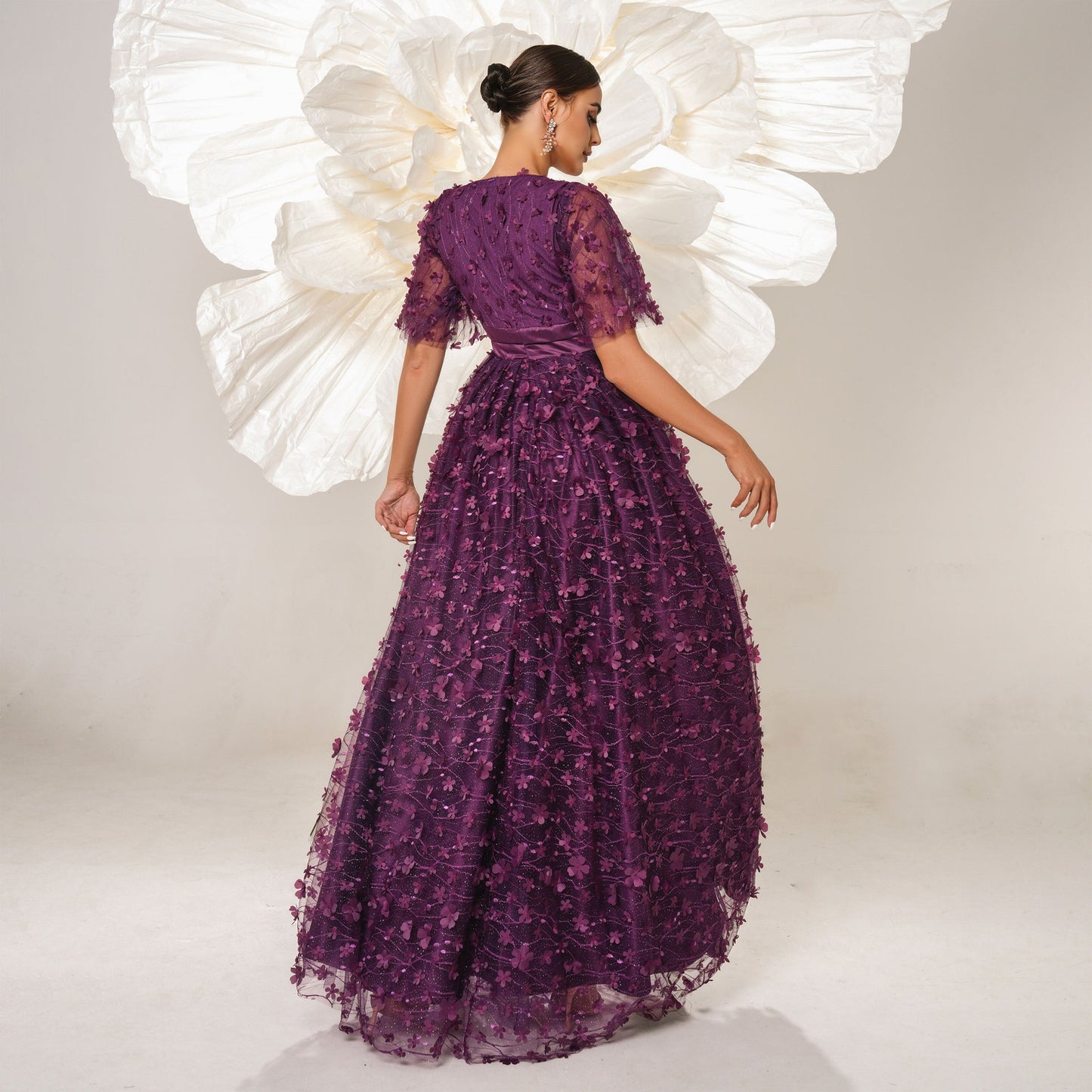 v-neck flower embroidery maxi dress in purple