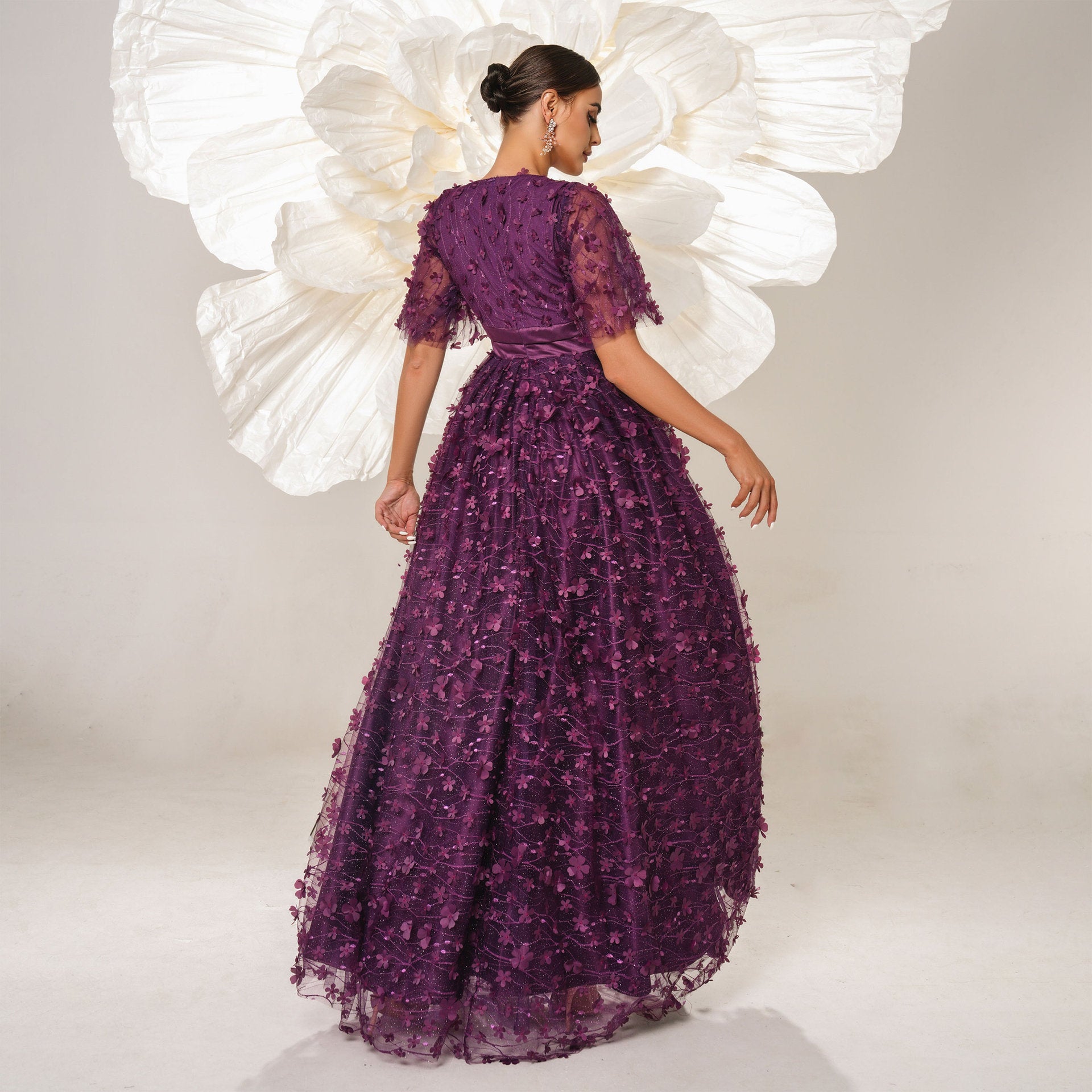 v-neck flower embroidery maxi dress in purple