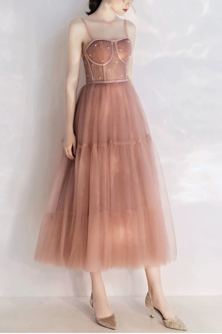 rhinestone embellished tulle midi dress in pink