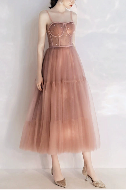 rhinestone embellished tulle midi dress in pink