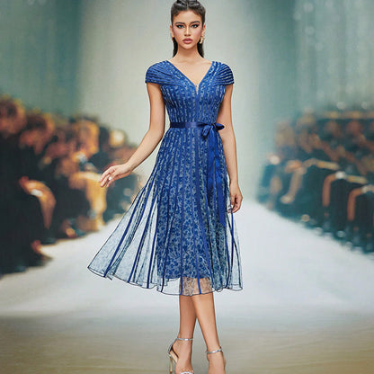 v-neck floral print tulle midi dress in blue