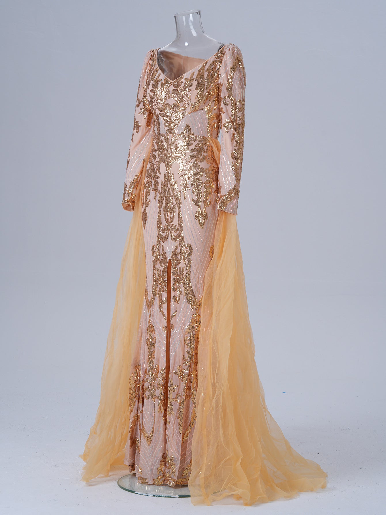 Long-sleeved V-neck sequined mesh bridesmaid dress