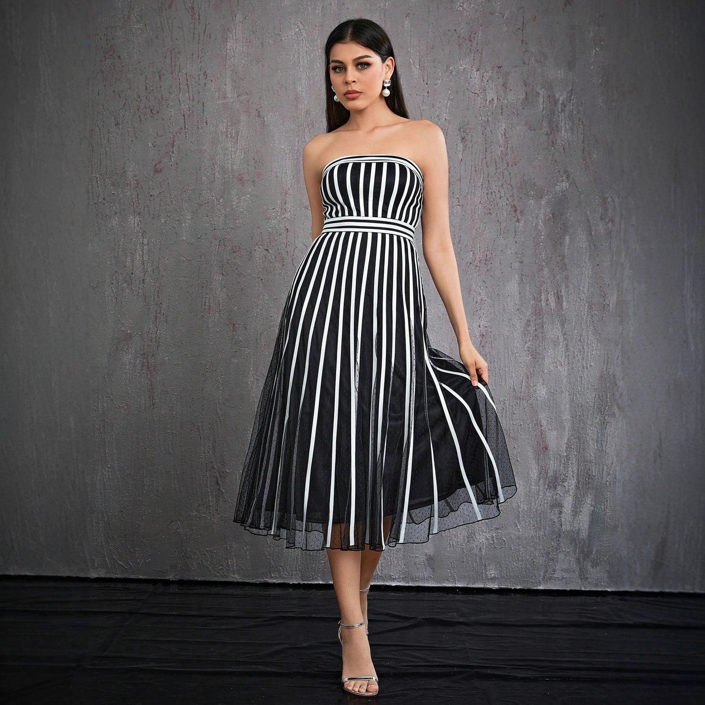 vertical stripe strapless midi dress in black