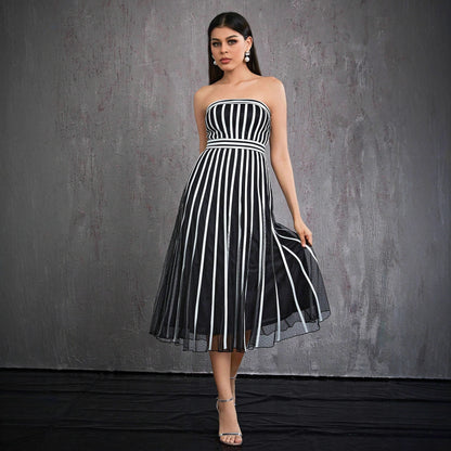 vertical stripe strapless midi dress in black