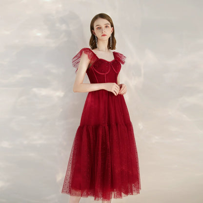 sleeveless tulle midi dress in wine red