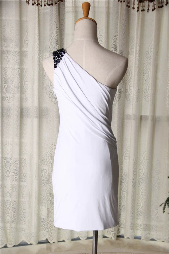 White knitted stretch one-shoulder mini evening dress