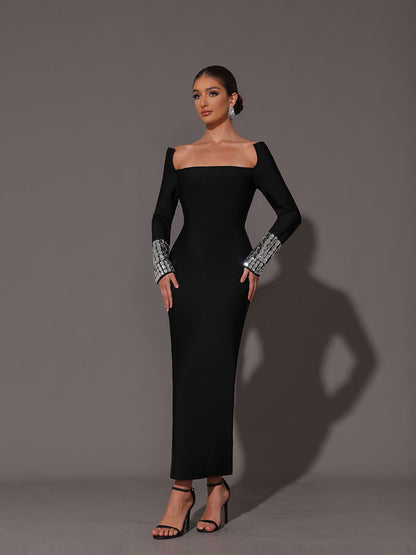 square neck diamond tight bandage maxi dress in black