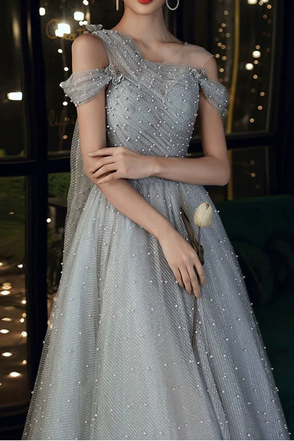 Dusty Blue one-shoulder pearl maxi tulle evening dress