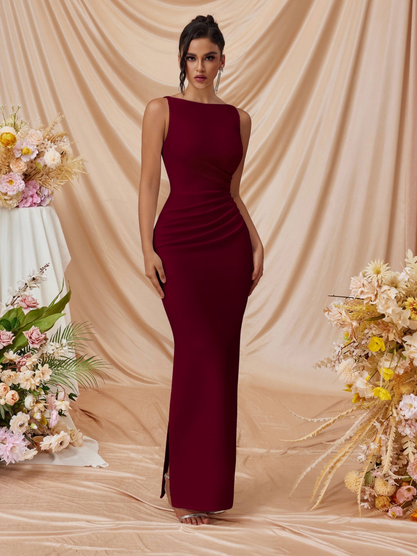 pleated Sleeveless solid color slit slim maxi dress
