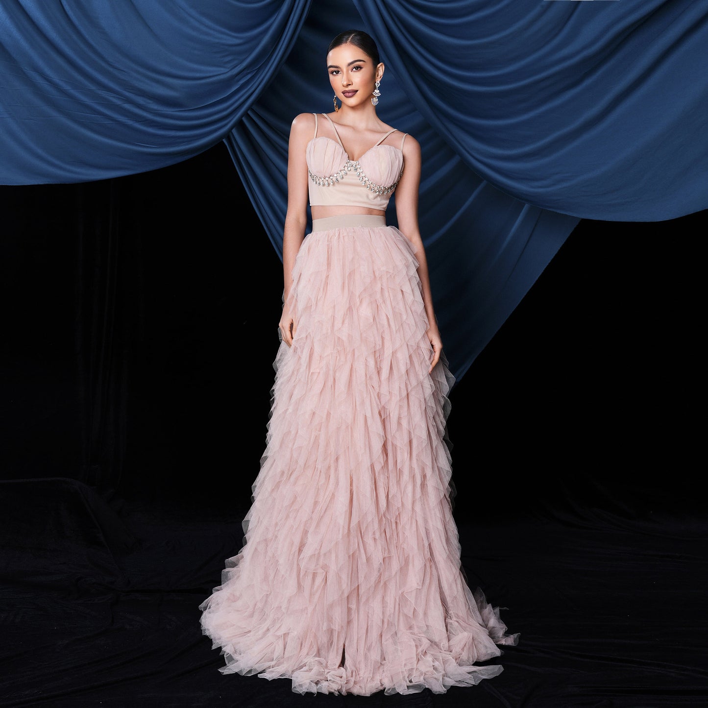 mesh hem rhinestone corset two-piece set