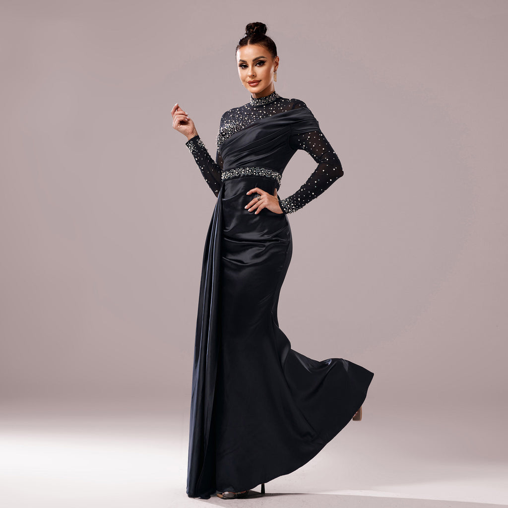 black Round neck slim hip-hugging sequined evening dress