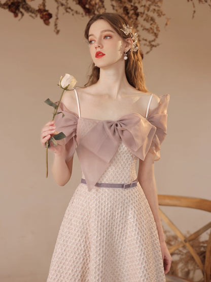 champagne bow embellished plaid maxi dress