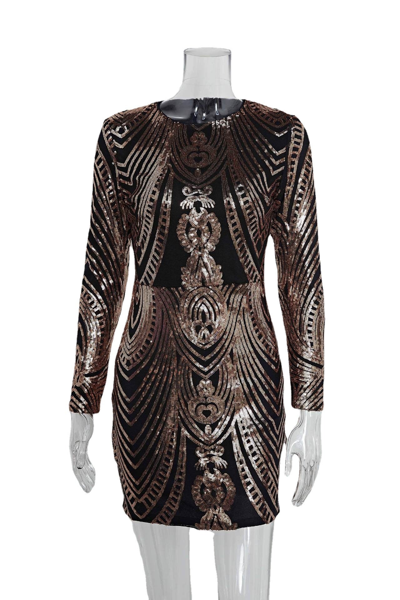 sequin patern embellished mini dress in gold