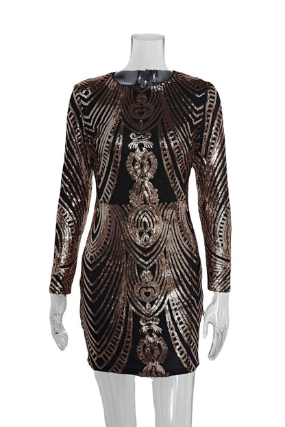 sequin patern embellished mini dress in gold