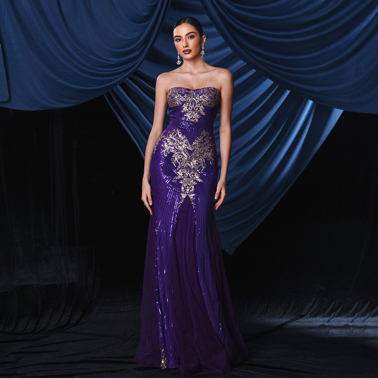 jennifer sequin patern applique strapless maxi dress in purple
