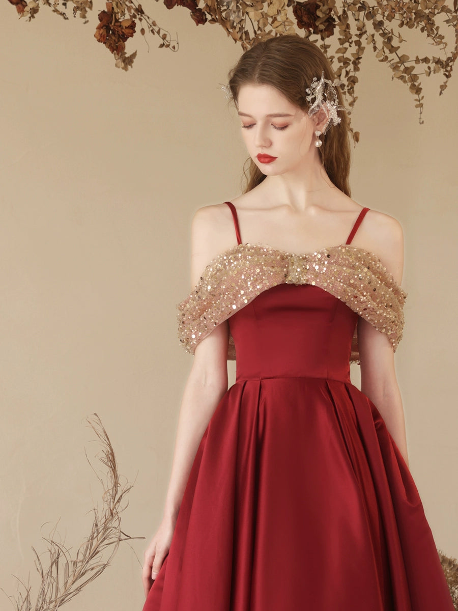 off-shoulder sequin satin maxi dress in claret