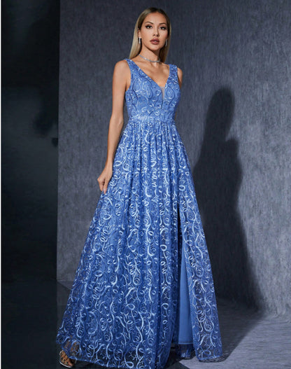 v-neck floral print sleeveless maxi dress in blue
