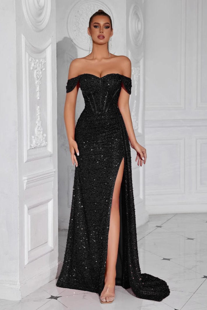 gabrielle Sequined strapless slit evening maxi dress