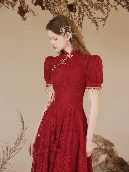 puff sleeve embroidery maxi dress in claret