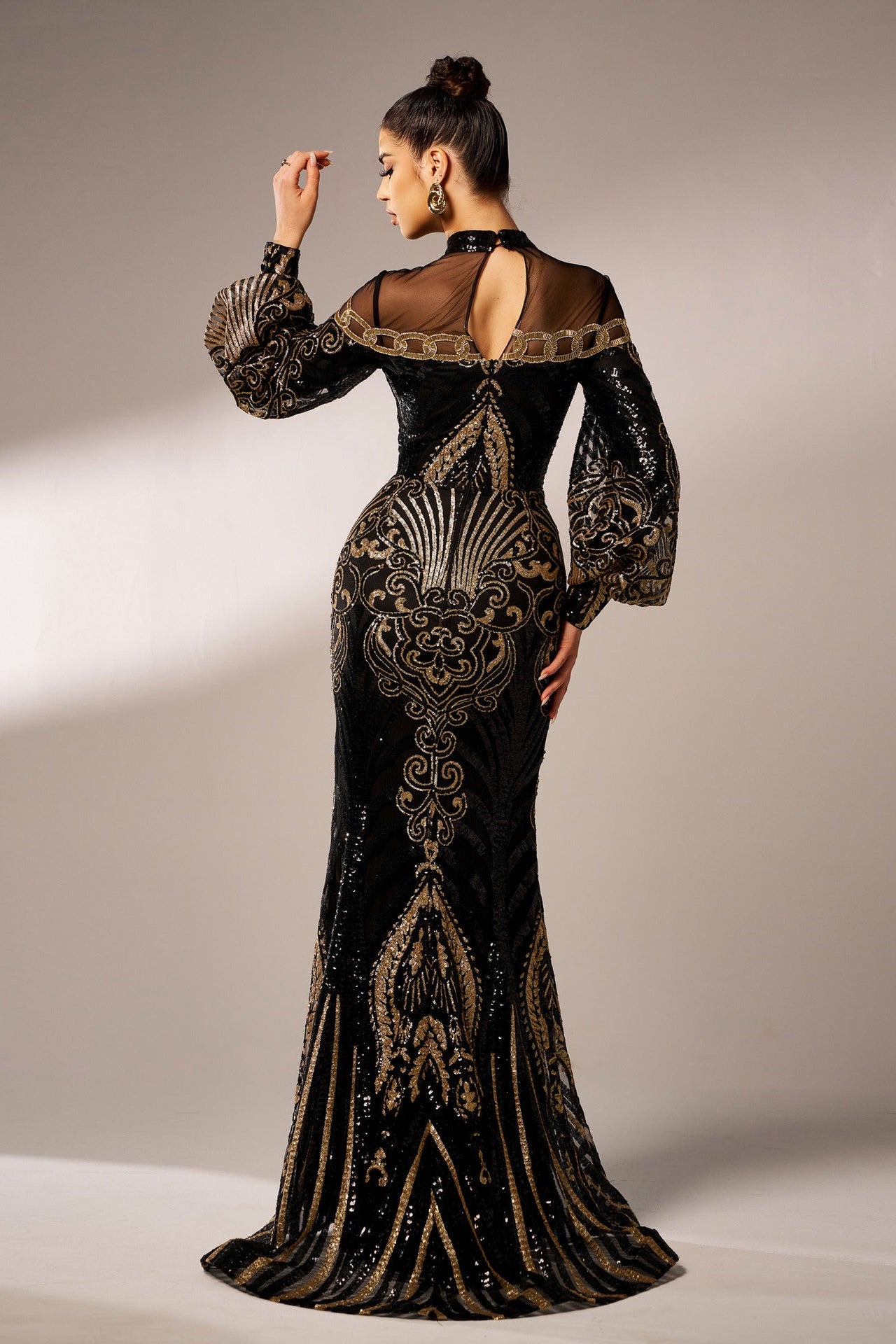 lily Round neck long sequined mesh fishtail evening dress
