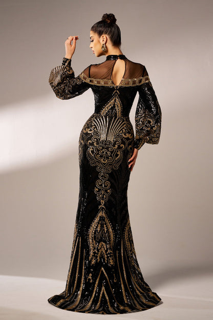 lily Round neck long sequined mesh fishtail evening dress