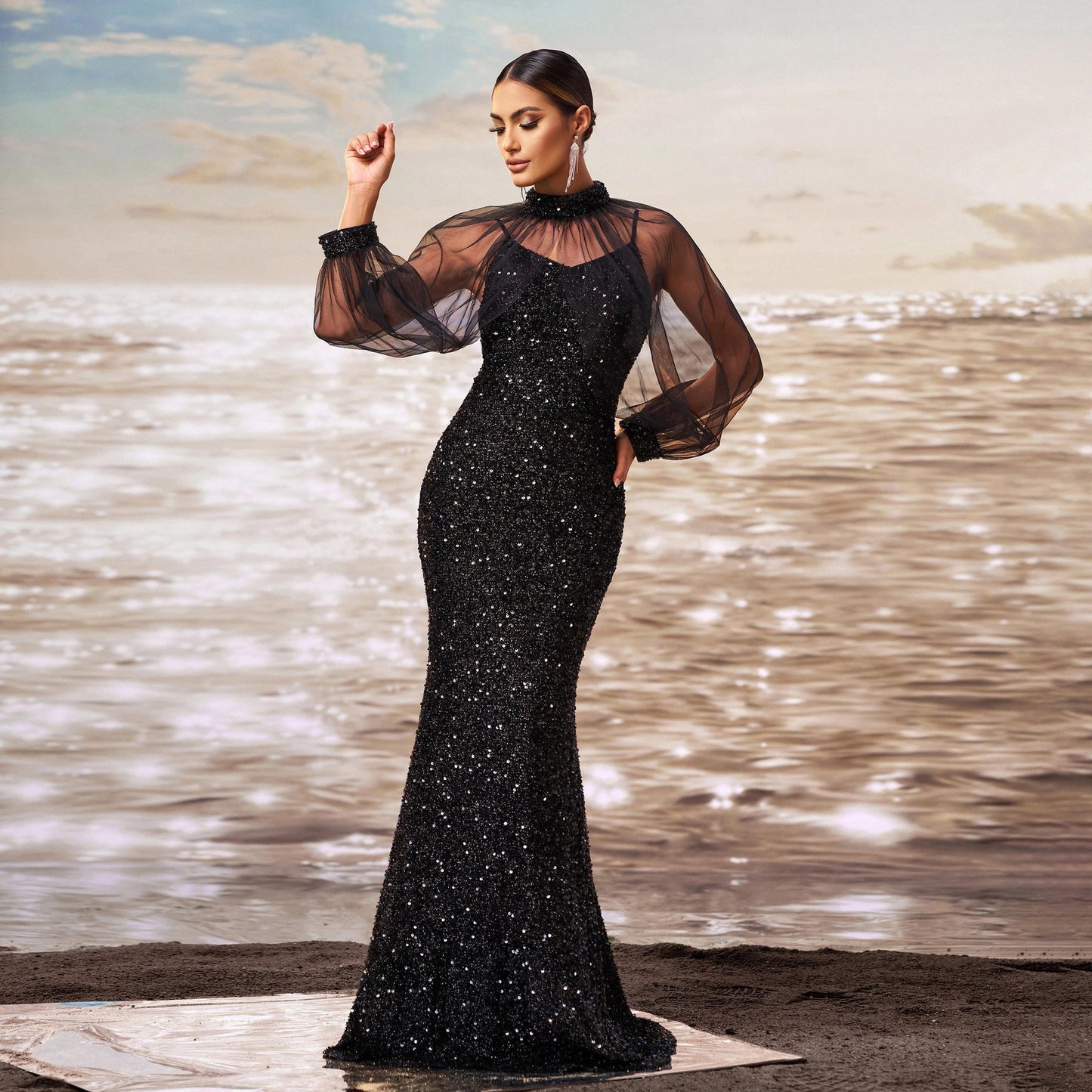 sequin embellished tulle sleeve maxi dress in black