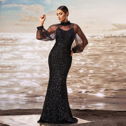 sequin embellished tulle sleeve maxi dress in black