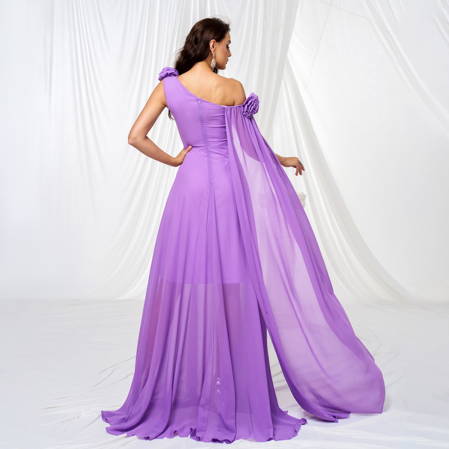 one-shoulder chiffon maxi dress in purple