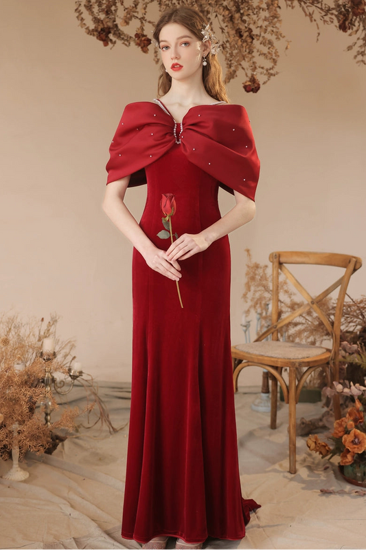 off-shoulder shawl maxi dress in Burgundy
