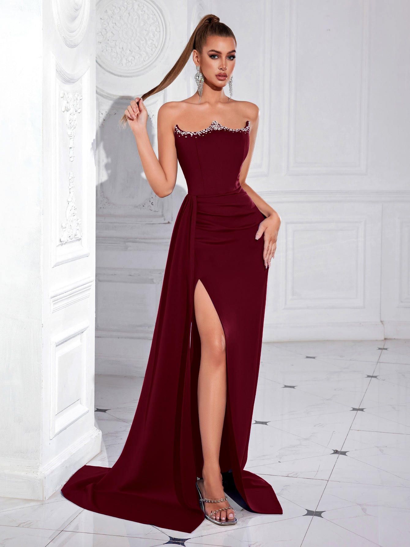 jamie Rhinestones strapless slit maxi dress