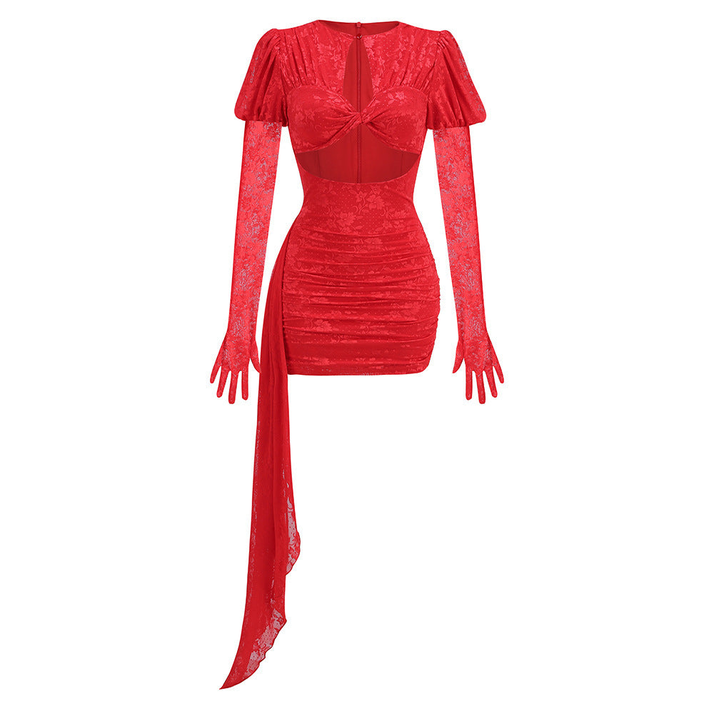 Dariel Floral Jacquard Cutout Draped Mini Dress - Red