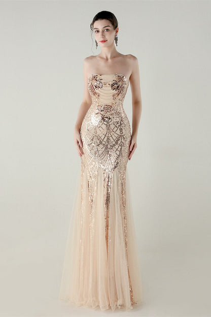 sequin strapless tulle maxi dress