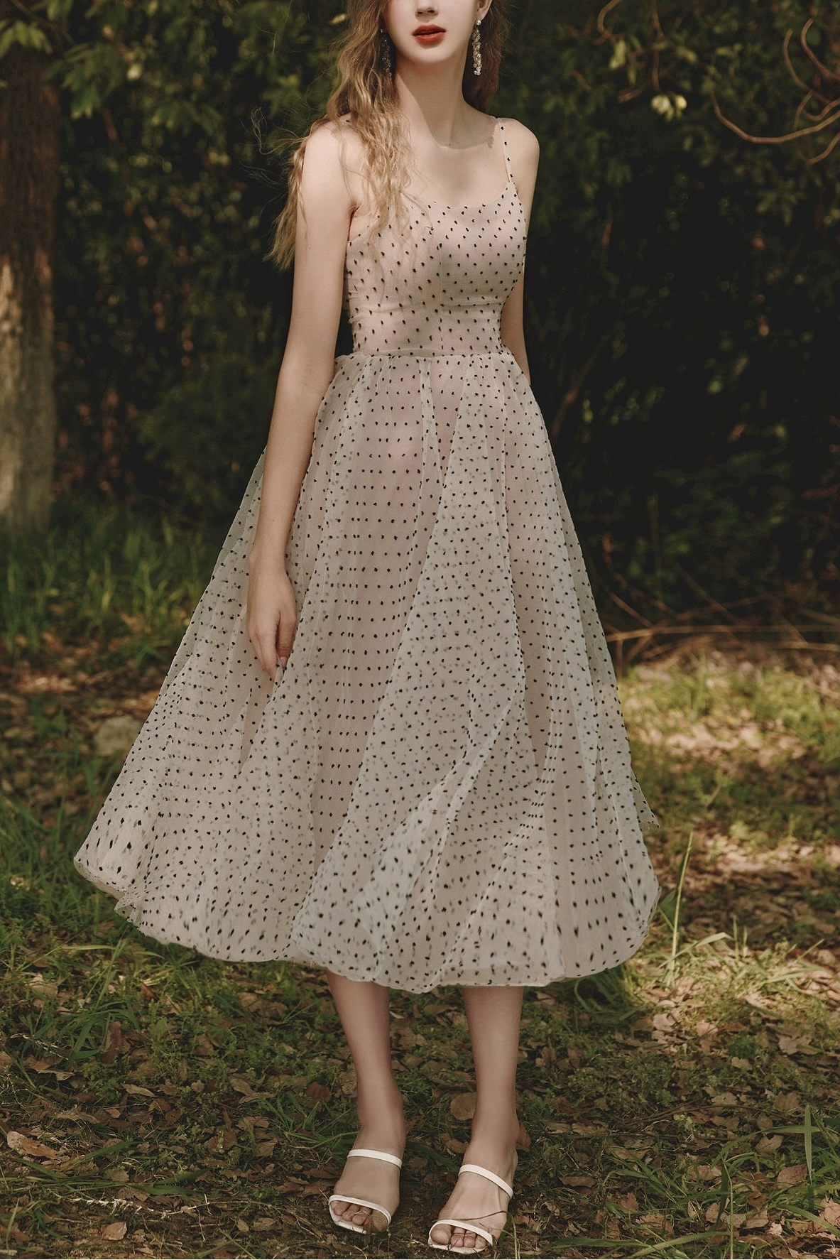 Pink-white polka dot suspender mini dress