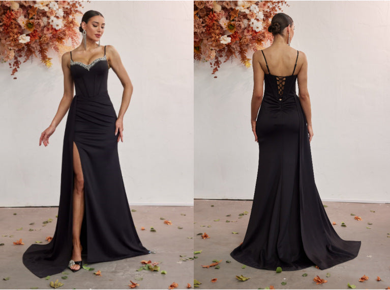 evelyn Rhinestones satin draped high slit maxi dress