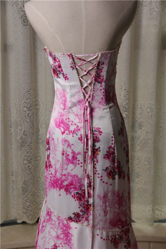 Cherry Blossom Printed Fishtail Strapless Evening Dress with Beading
