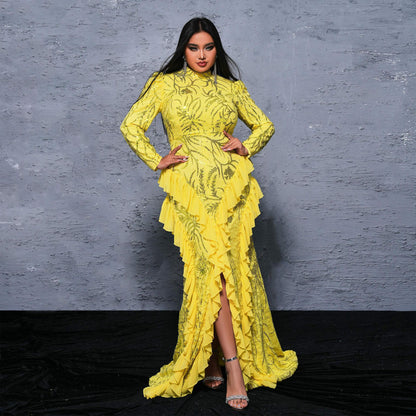 long sleeve sequin detail ruffle trim maxi dress in yellow